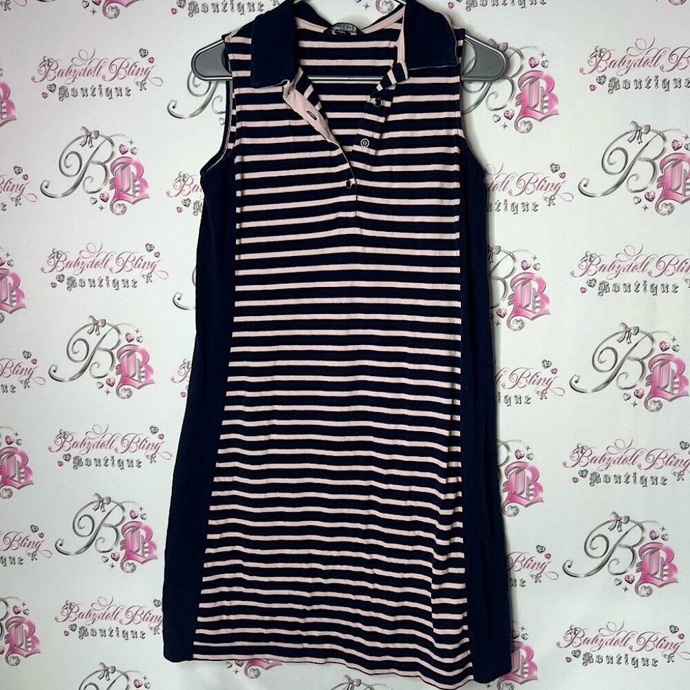 Lands' End dress collared preppy buttons Navy and Pink Striped Midi Dress
